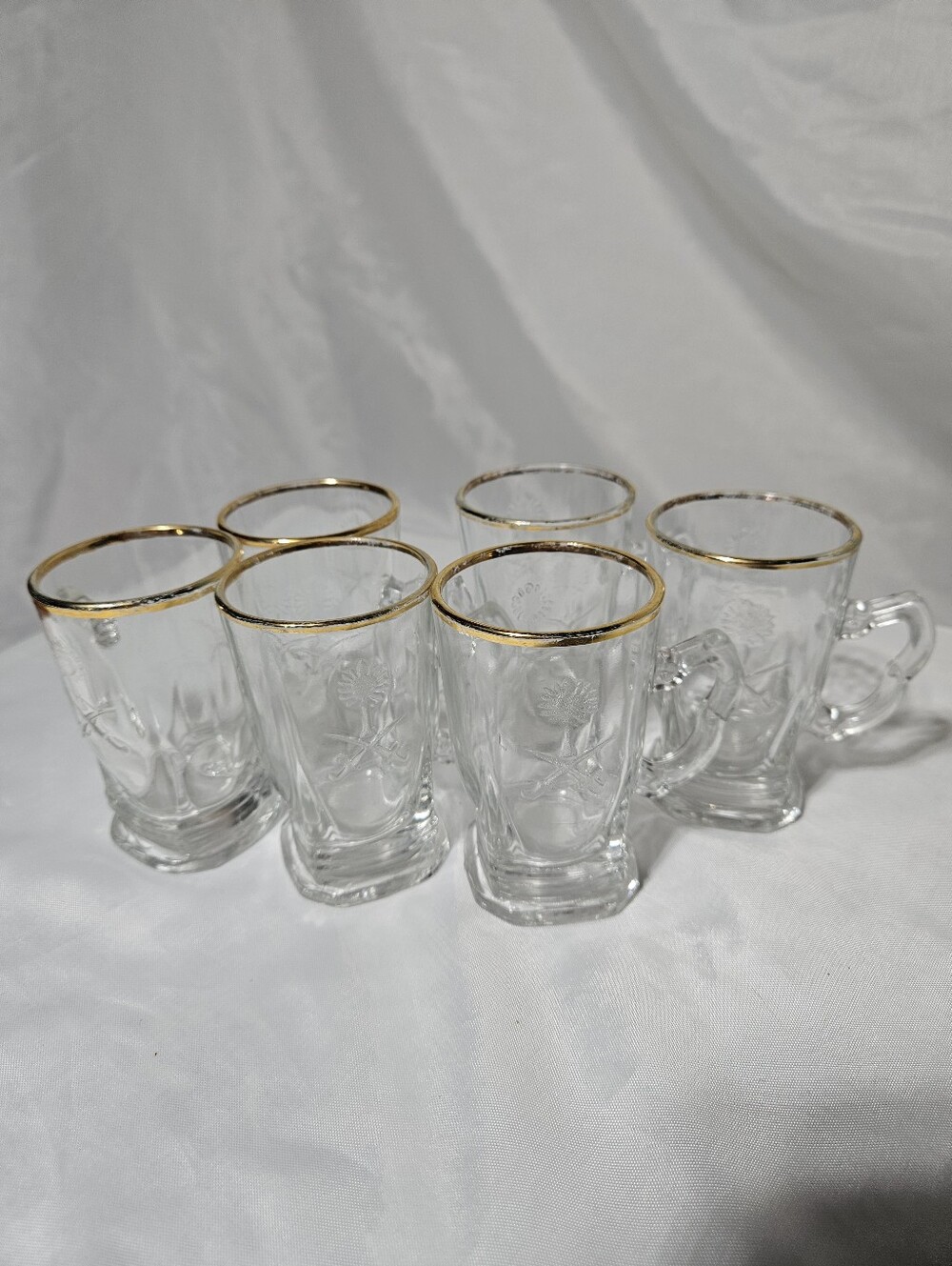 Vintage Pressea Glass Mugs Featuring A Saudi Arbian Emblem. 3.5" Tall